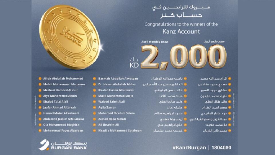 Burgan Bank Announces The Names Of The Monthly Draw Winners Of Kanz 
